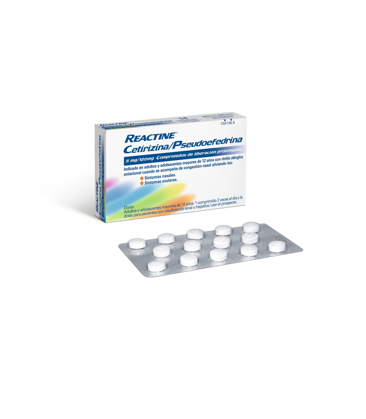 REACTINE CETIRIZINA/PSEUDOEFEDRINA 5 mg/120 mg 14 COMPRIMIDOS LIBERACION PROLONGADA